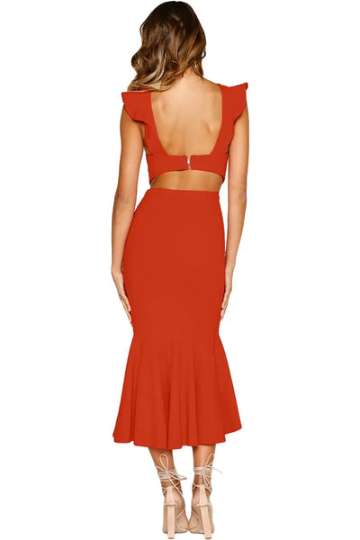 Crimson Mermaid Ruffle Evening Gown