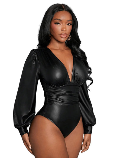 Floerns V-Neck Lantern Sleeve Faux Leather Bodysuit