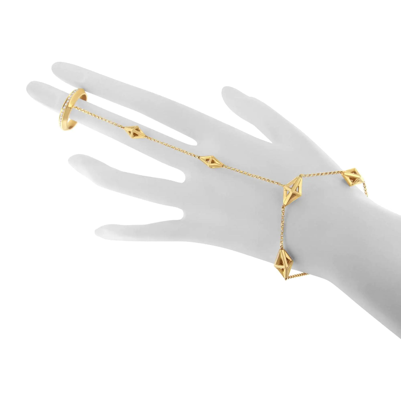 14K Yellow Gold Diamond Hand Chain Bracelet 7"