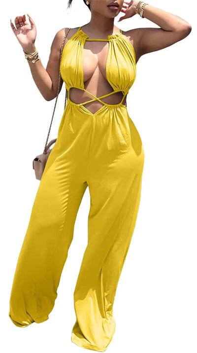 Women's Chic Sleeveless Lace-Up Wide Leg Jumpsuit in Yellow