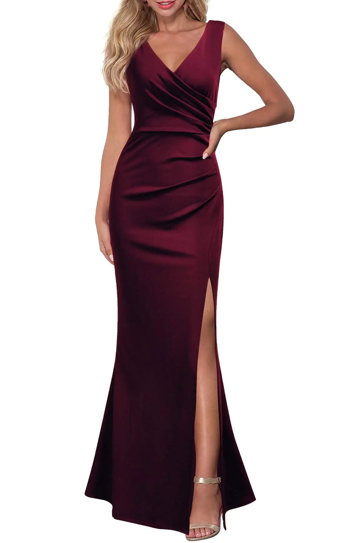 Elegance V-Neck Burgundy Evening Gown